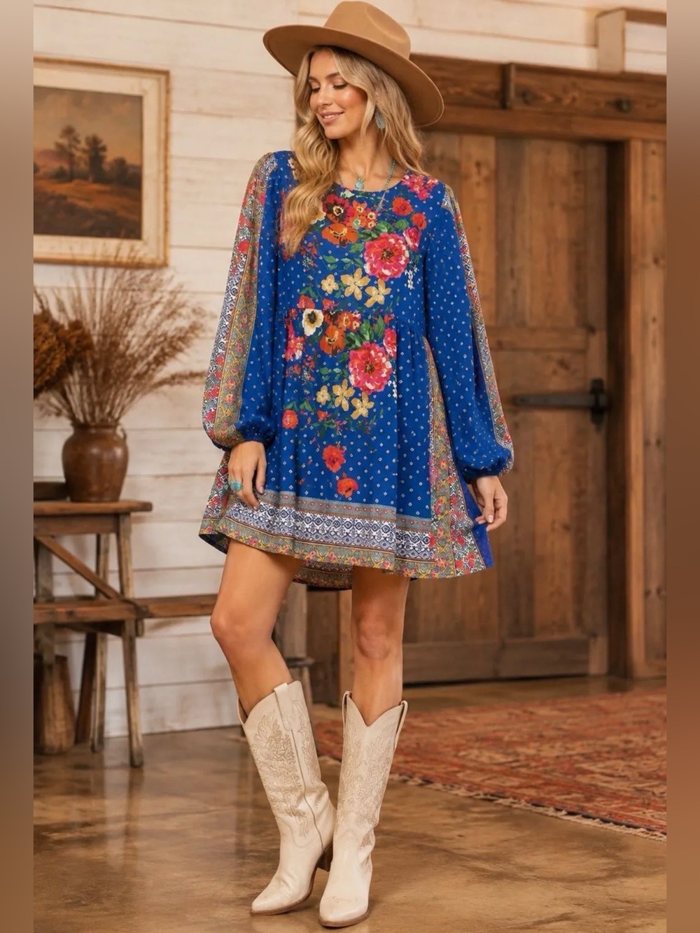 Umgee NWT Blue Floral Boho Border Print Mini Dress Size M